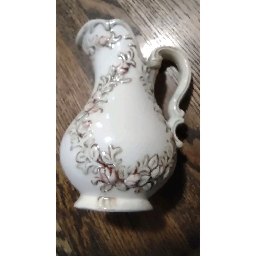Vintage Ceramic Floral Pitcher Embossed Pink Roses White Bud Vase Creamer